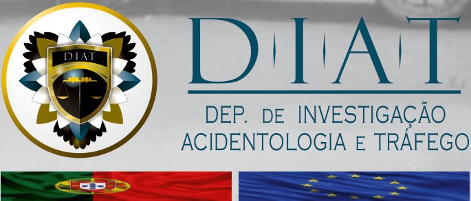 DIAT — Departamento de Investigação, Acidentologia e Tráfego, com emblema e bandeiras de Portugal e da União Europeia